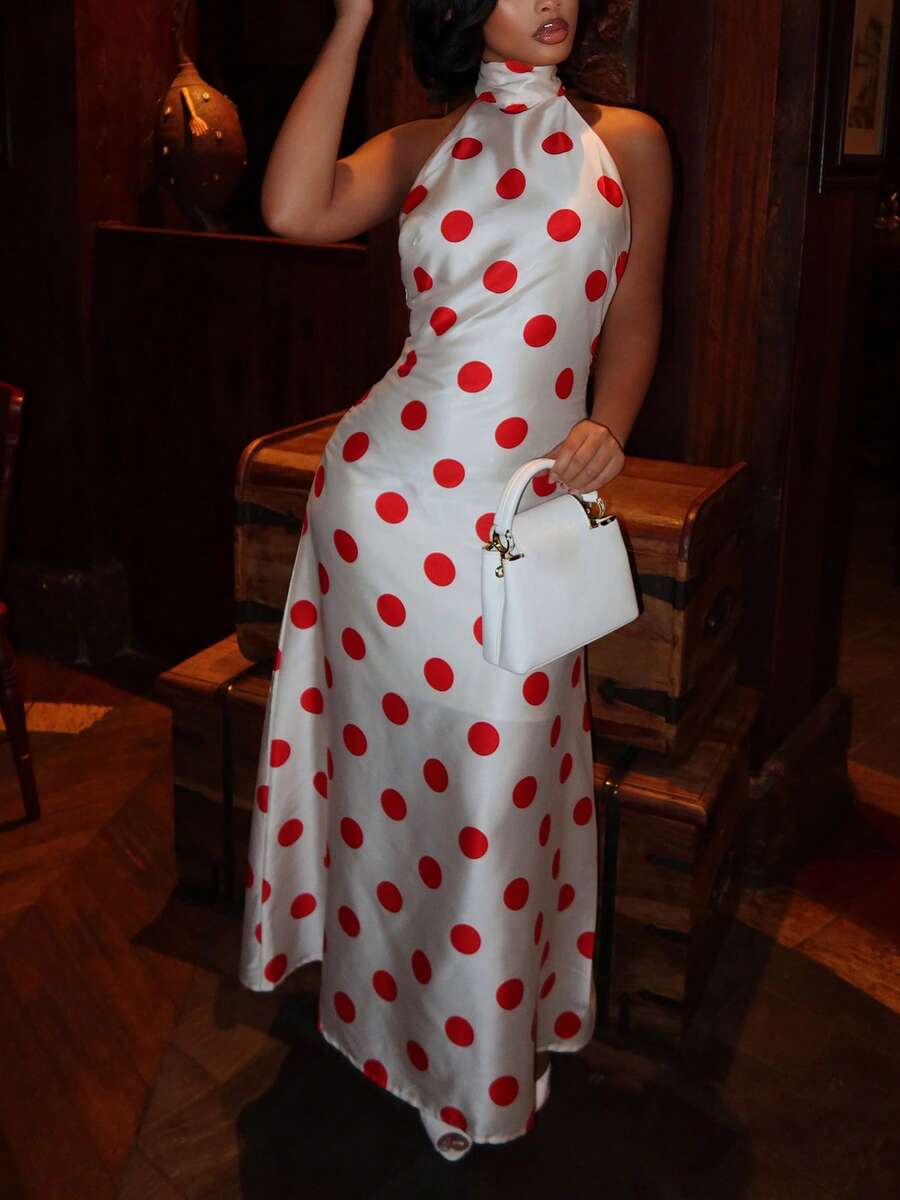Elegant Sleeveless Halter Backless Polka Dot Long Dress For Women, Perfect For Party & Formal Occasions - White - View 1