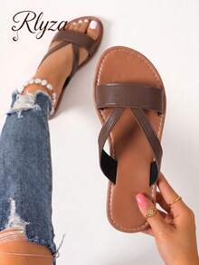 Plus Size Women Slip-On Comfortable Lightweight Casual Versatile Flat Sandals For Spring & Summer,Beach Sandals - Coffee Brown - View 2