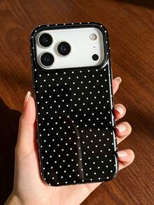 1pc Black Base White Mini Polka‑Dot Print Shockproof Phone Case, Daily Leisure Classic‑Style Protective Shell, Holiday Gift For Women Men, Compatible With IPhone 11 12 13 14 15 16 17 18 Pro Max - Multicolor - View 2