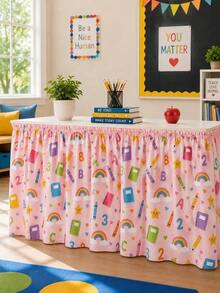 1pc Pink Back To School Rainbow Stationery Desk Skirt, Letter Number Crayon Star Learning Theme Tablecloth, Suitable For Teacher Desk, Classroom Storage Cabinet, Shoe Rack, Party Decoration - Multicolor - View 5