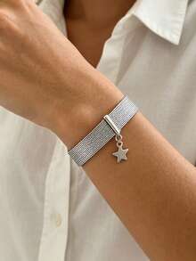 1pc 304 Stainless Steel Mesh Bracelet With Minimalist Star Pendant, Watch Band Style Adjustable Women's Jewelry For Daily Wear - Silver - View 2