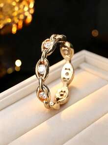 1 pieza Anillo con cadena entrelazada e incrustaciones de circonita, diseño de nicho elegante, anillo de dedo elegante, accesorio versátil para uso diario y desplazamientos - JZ23969 - Ver 1
