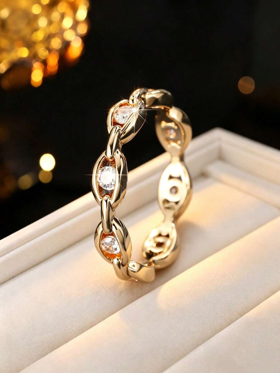 1 pieza Anillo con cadena entrelazada e incrustaciones de circonita, diseño de nicho elegante, anillo de dedo elegante, accesorio versátil para uso diario y desplazamientos - JZ23969 - Ver 1