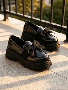 Women's Wide Fit Loafers Thick Platform Sole Bow Knot Slip-On Versatile Plus Size Shoes - Black Butterfly Flower - View 5