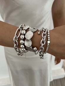 6/5/1 Vintage Elegant Fashion Geometric Round Disc Hammered Beaded Bracelet Set With Chunky Chain, Suitable For Women's Daily Wear - Silver - View 4