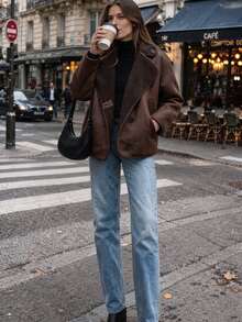 Women Faux Fur Collar Jacket Winter - Coffee Brown - View 5
