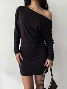 Cold Shoulder Black Dress, Women's Autumn Halloween Party Concert Casual Outfit - Black - View 4