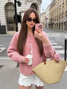 Roviva Women's French Elegant Autumn Pink Round Neck Plaid Textured Single-Breasted Short Jacket, Suitable For Work Commute, Party Gathering, Holiday - Watermelon Pink - View 11