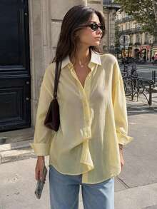 Women's Solid Color Drop Shoulder Long Sleeve Single-Breasted Casual Loose Semi-Sheer Blouse Spring - Yellow - View 1