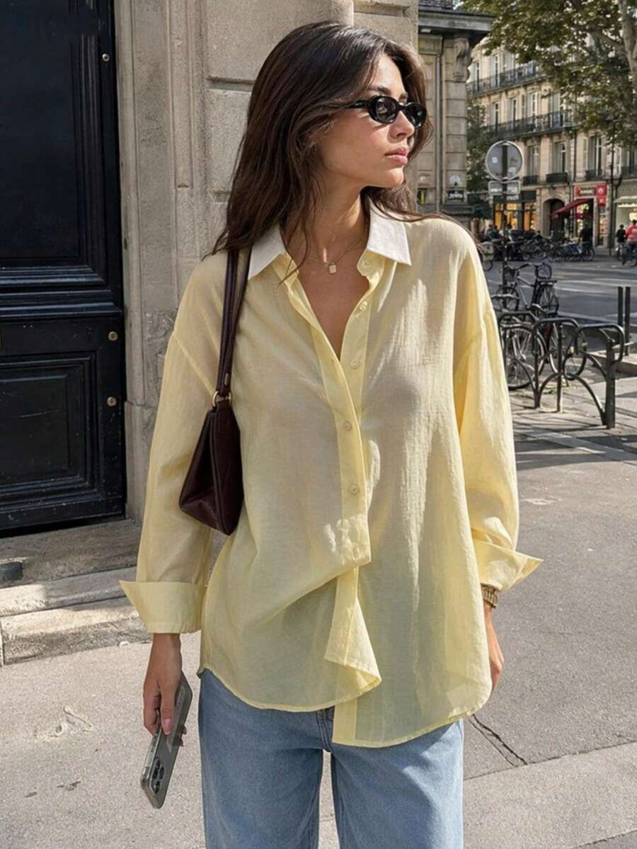 Women's Solid Color Drop Shoulder Long Sleeve Single-Breasted Casual Loose Semi-Sheer Blouse Spring - Yellow - View 1