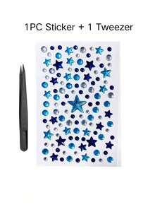 1pc Ice Blue High-Shine Five-Pointed Star Faux Diamond Decorative Sticker, Phone Laptop Decorative Sticker, Comes With Tweezers, Compatible With Phone Case, Tablet, Earphone Case - Blue Star - View 5