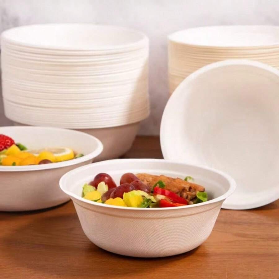 White Disposable Paper Bowls, Natural Compostable, Suitable For Parties, Salads, Desserts And More...