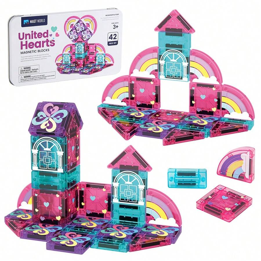 42Pcs Kid Magnetic Block Toy Set,Size 3.75cm(1.5inch) Magnet Toy Building Block Toy,Magnetic Tiles Pink Castle For Girl,Child Activity Brain Toy