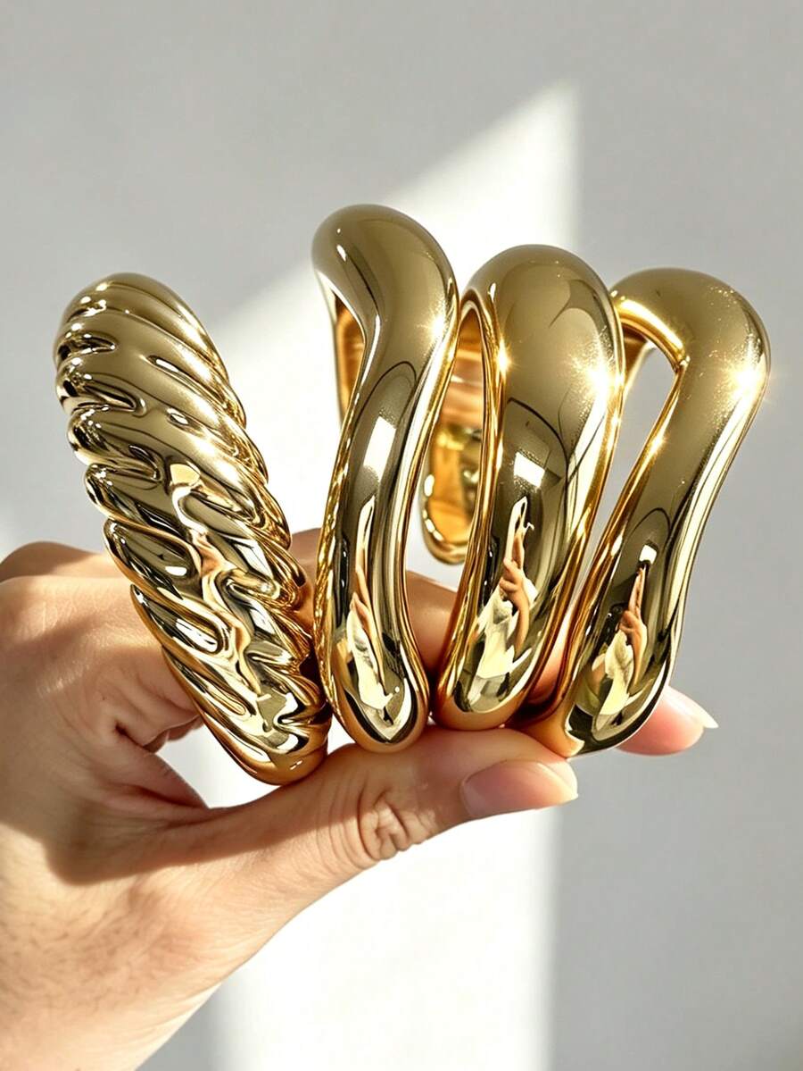 4/1pc Vintage Fashion Asymmetrical Geometric Textured Open Cuff Bracelet Set For Women, Suitable For Daily Wear, Vacation, Party, Gathering, Layering - Yellow Gold - View 1
