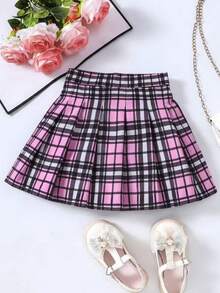 Falda mini plisada a cuadros de estilo universitario de verano para niña joven - Rosa Fucsia - Ver 3