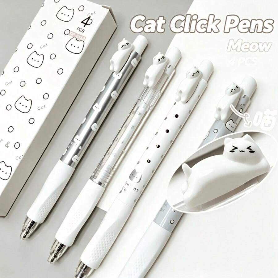 4pcs Cute Cat Shaped Retractable Gel Pens 0.5mm Fine Tip Black Ink, Suitable For School Office Supplies Stationery Set - Sets - View 1