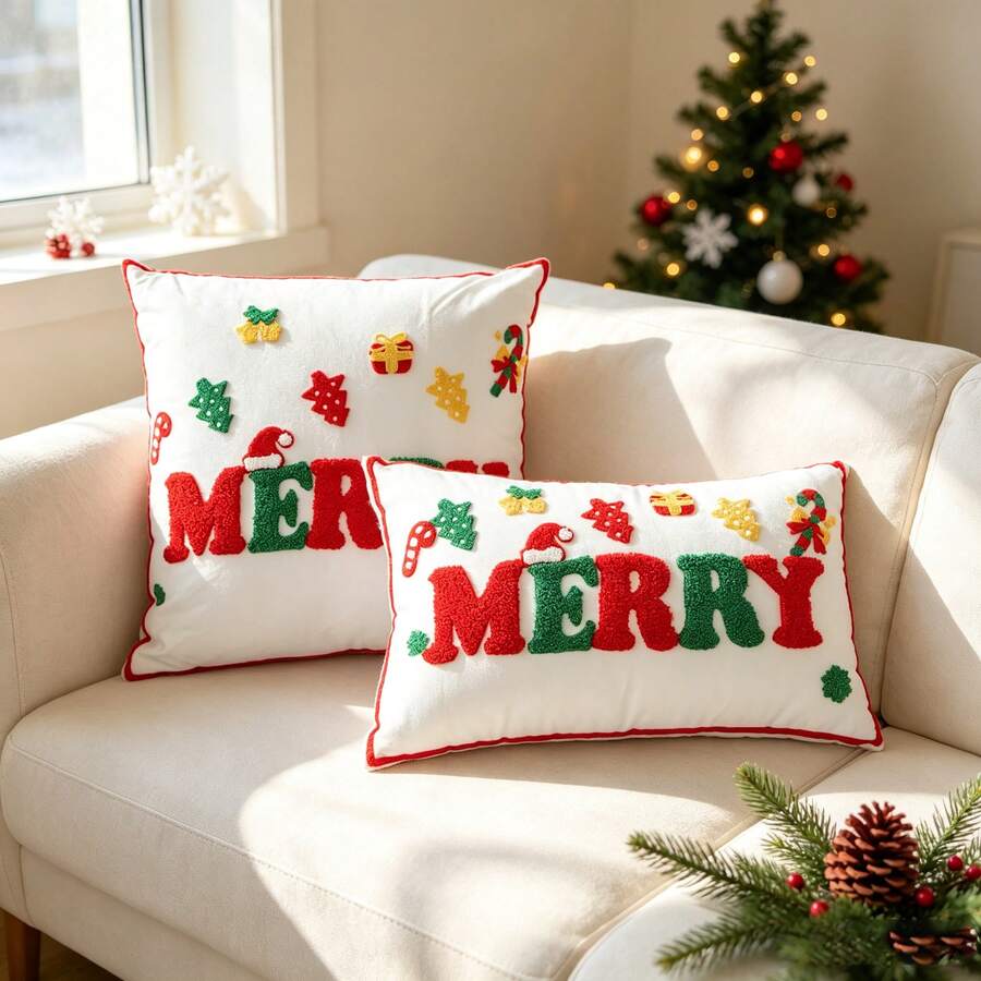 1pc Christmas Letter Embroidered Pillow Case, Winter Christmas Decor Cushion Cover, Suitable For Living Room, Sofa, Holiday Party Decoration, Pillow Insert Not Included - Multicolor - View 1