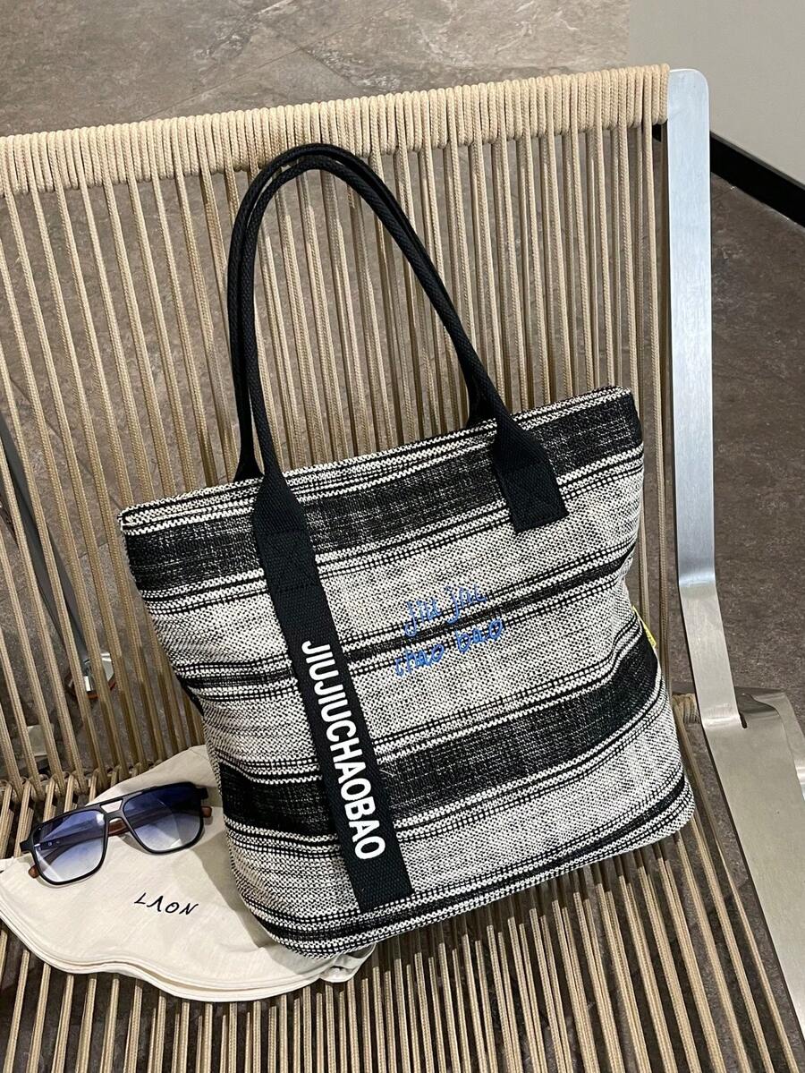 Striped Woven Tote Bag, Letter Printed Webbing Decor Large Capacity Shoulder Handbag, Wide Shoulder Strap Casual Bag For Women Daily Work School - Multicolor - View 1