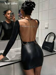 NEW IDEA Women's Sexy Black Autumn/Winter Faux Leather Short Fitted Dress, Long Sleeve Backless With Gold Chain Detail, Suitable For Nightclub, Nightlife And Party - Black - View 5