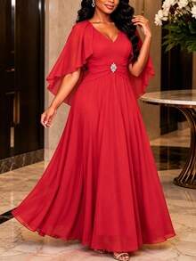 Women Elegant Red Chiffon Cape Sleeve V-Neck Maxi Dress,Rhinestone Brooch Waist Formal EveningGown Wedding Guest Birthday Party Christmas - Red - View 3