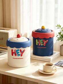1pcsVibrant Plastic Cylindrical Storage Canister, Wavy Edge Lid With Round Knob & HEY Letter Print, Sealed For Sundries, Multi‑Purpose Desktop Container, Works As Small Tabletop Trash Can, For Bedroom, Living Room, Office, All‑Season Home Use - Multiple Styles - View 2