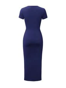 GLAMSKIN Women's Round Neck Short Sleeve Ruched Fitted Dress, Elegant Brown Bodycon Dress, Suitable For Autumn Daily, Back To School, Casual Street Style - Navy Blue - View 4