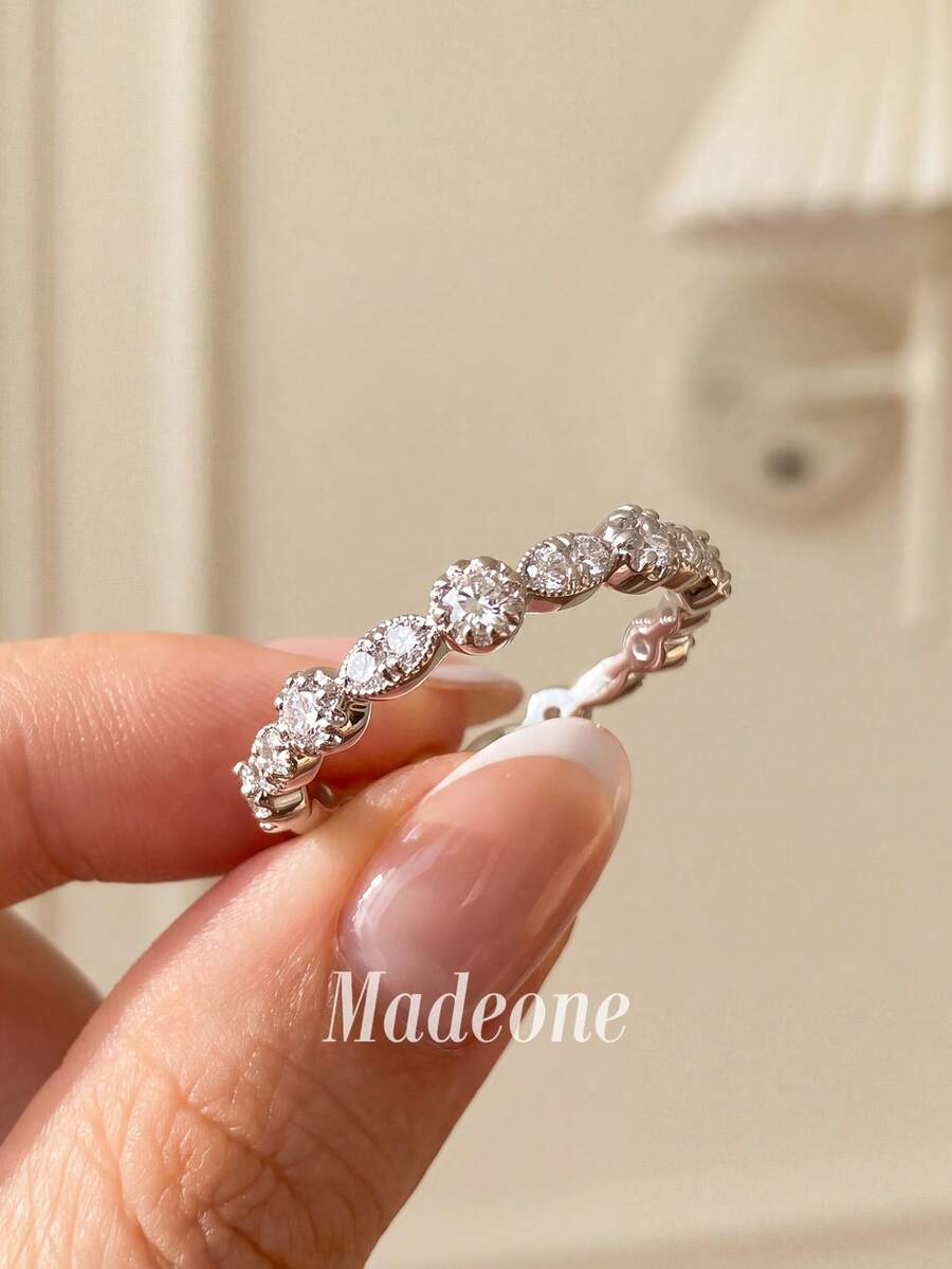 MADEONE 1pc Small Oval Stackable Ring Women's Jewelry Basic Single Ring Jewelry Suitable For Girls Birthday Party Gift - Exquisite Full Diamond Ring - View 1