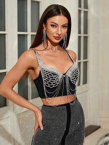Tank Top Seksi Model Crop Top Berkilau dengan Rumbai dan Hiasan Berlian Imitasi untuk Pertunjukan Klub Malam Wanita - Hitam - View 4