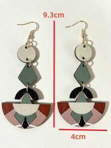 1 Pair Bohemian Multi-Layer Patchwork Geometric Wooden Earrings, Color-Block Fan-Shaped Wooden Slices Vintage Ear Jewelry - Multicolor - View 2
