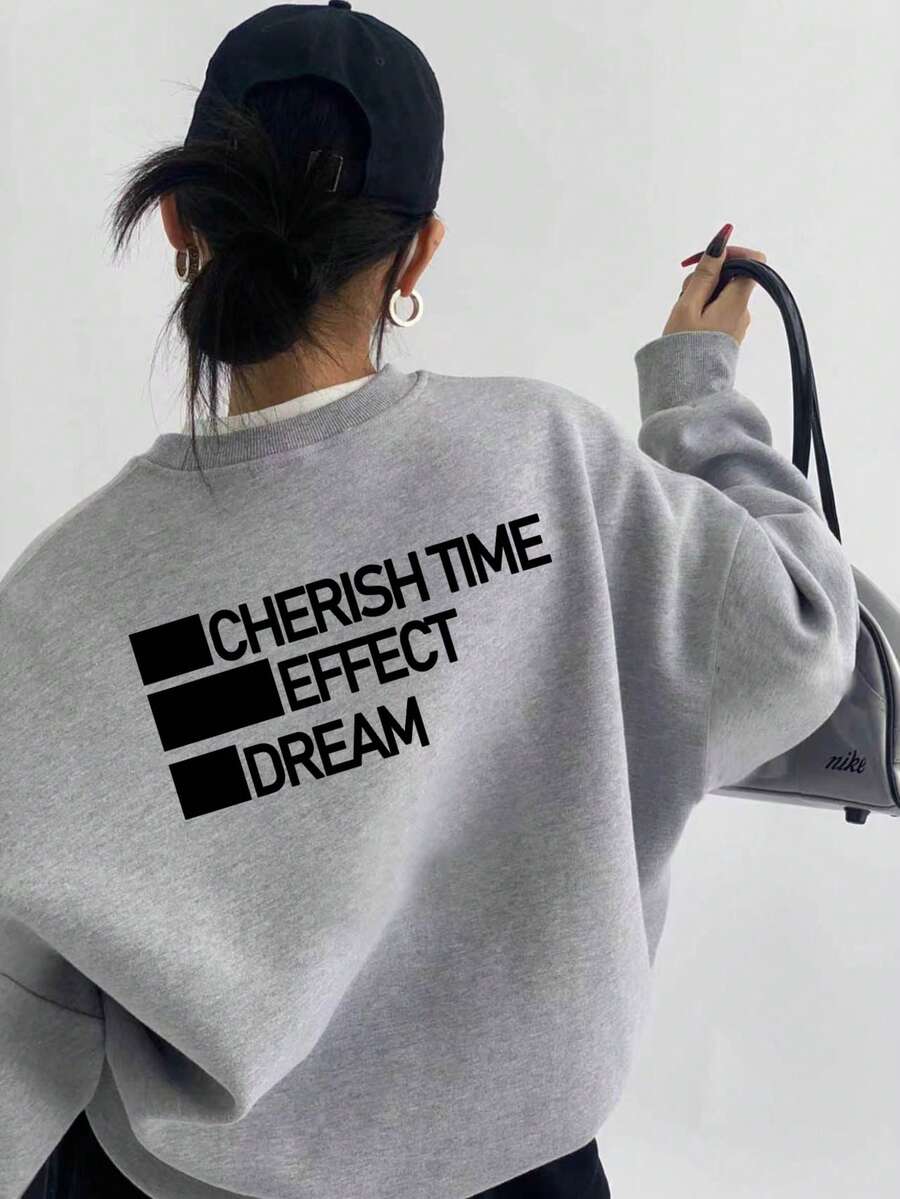 極簡幾何色塊英文標語印花圓領衛衣 EFFECT DREAM 文字設計 慵懶長袖基礎款秋季上衣 - 淺灰色 - 查看 1