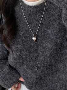 1pc Minimalist Style 3 Options Silver Heart Star Square Pull Necklace Women's New Niche Luxury Pendant Sweatshirt Chain Accessory Suitable For Men And Women Daily Use - Love - View 1