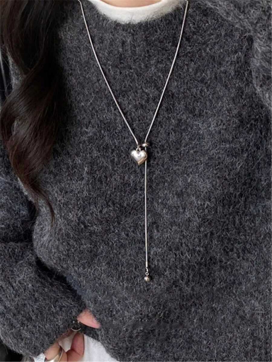 1pc Minimalist Style 3 Options Silver Heart Star Square Pull Necklace Women's New Niche Luxury Pendant Sweatshirt Chain Accessory Suitable For Men And Women Daily Use - Love - View 1