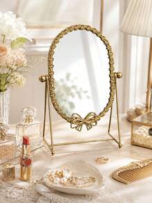 Vintage Light Luxury Gold Iron Tabletop Vanity Mirror With Bow & Floral Frame, Rotatable Freestanding Makeup Mirror For Bedroom, Dresser, Bathroom & Home Decor - Multicolor - View 2