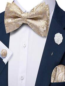 4Pcs Men Apricot Paisley Jacquard Bow Tie Pocket Square Cufflinks Brooch Set For Wedding Business Party - Apricot - View 1