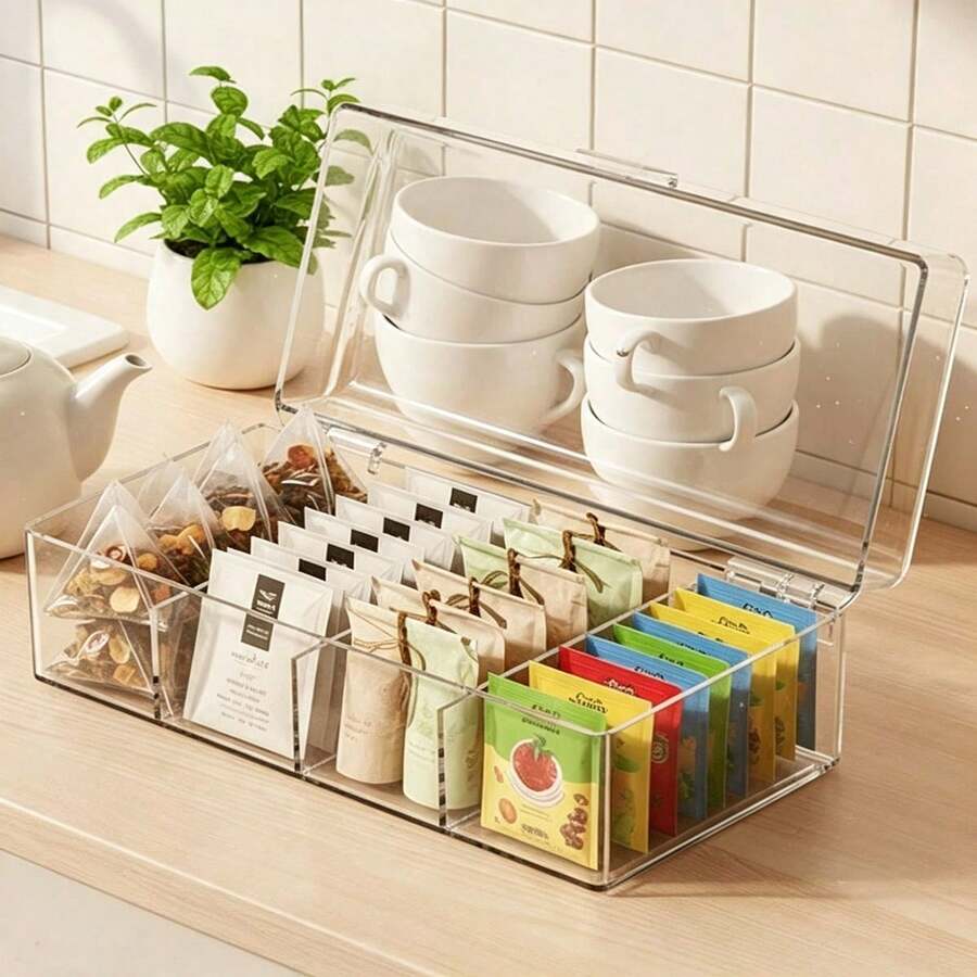 1pc (19.5*9*7.5cm/7.7*3.5*3in) Tea Bag Storage Box With Hinged Lid And Dividers, Stackable Transparent Tea Storage Container, Plastic Tea Bag Organizer With 4 Compartments, Suitable For Kitchen And Countertop