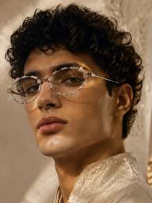 1 Pair Men's Full Frame Silver Oval Rhinestone Embellished Plano Glasses, Luxurious Eye-Catching Exquisite Sophisticated Fashionable Eyewear, Suitable For High-End Business And Social Occasions - Clear - View 2