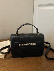 1pc Mini Letter Embossed Grid PU Portable Flap Fashion Women's Handbag Suitable For Autumn/Winter Daily Shopping - Black - View 6