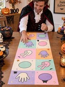 1pc Cute Halloween Polyester Hand And Foot Game Mat, Pastel Ghost, Black Cat, Pumpkin And Candy Print, Rock Paper Scissors Interactive Grid Floor Mat, For Halloween Party, Family Game, Classroom Activity And Indoor Decor - Multicolor - View 6