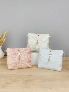 1pc Women's Floral Lace Square Crossbody Bag With Faux Pearl Cat Charm & Gold Chain Strap, Romantic Shoulder Purse For Party - White - View 2