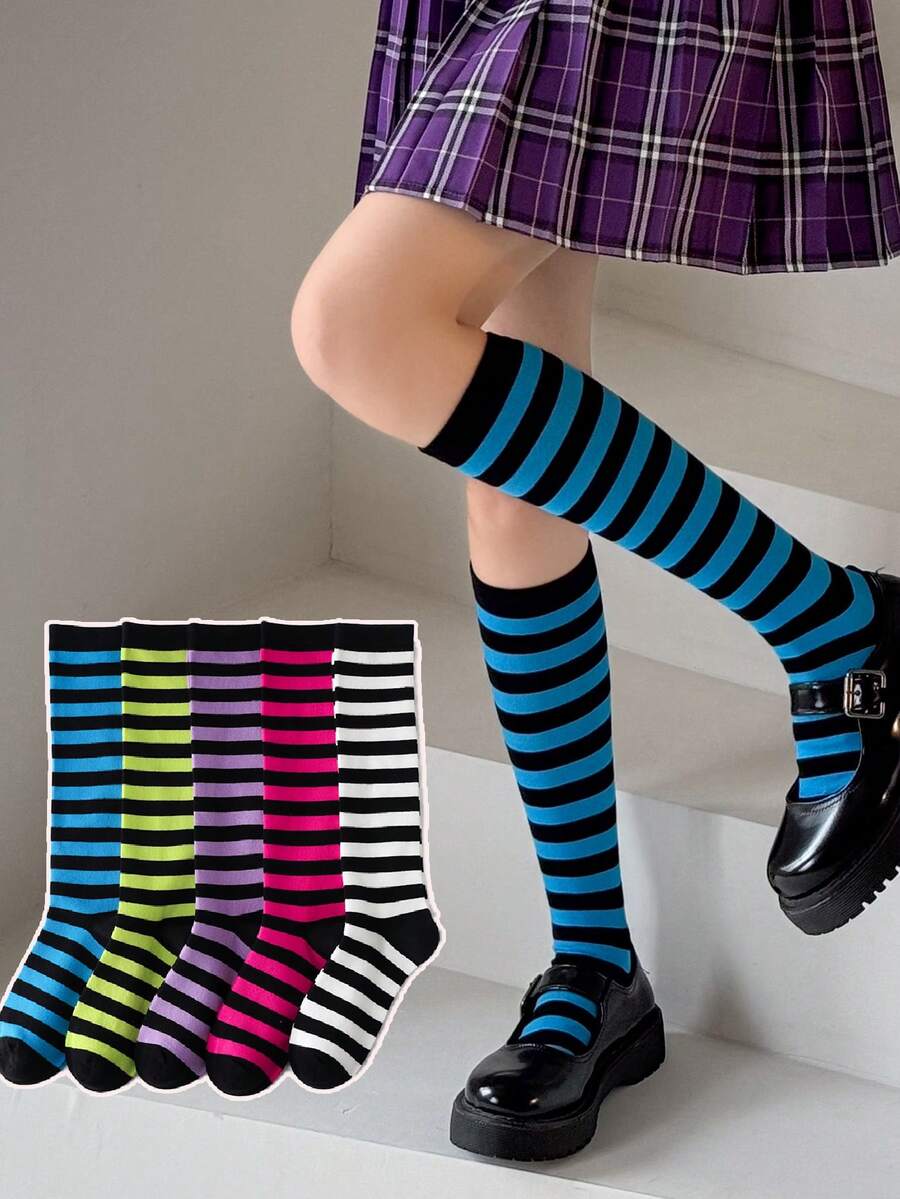1 Pair Women's Calf Socks, Winter Warm Contrast Color Striped Slimming Long Tube Slouch Socks, Suitable For Multiple Outfits, Party Wear, Christmas Wear - Multicolor - View 1