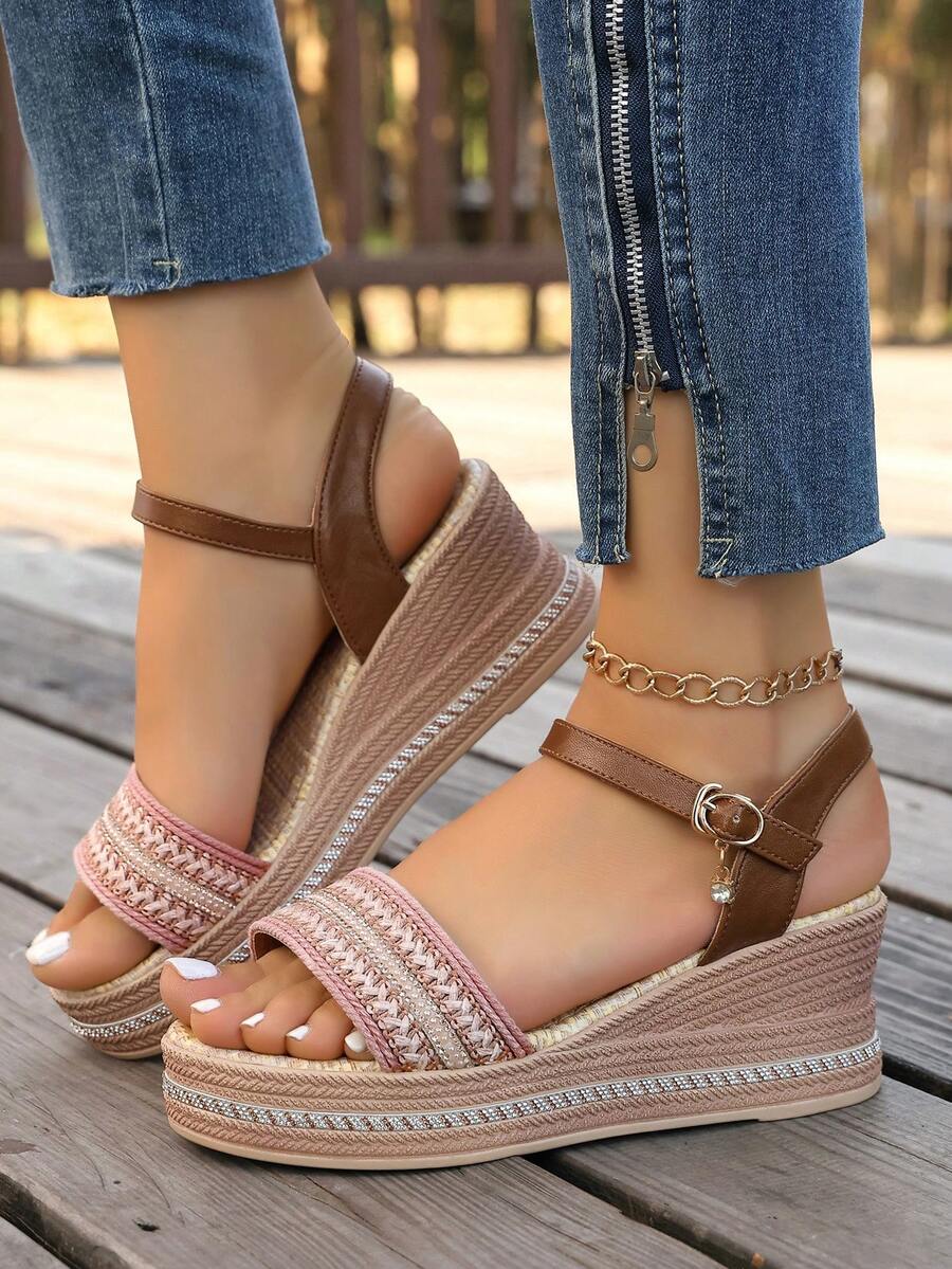 Summer Women's Versatile Fashion Wedge Sandals With Woven Strap And Platform Sole, Height-Increasing Casual Outdoor Shoes For Skirts - Baby Pink - View 1