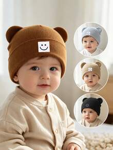 1PC Cute Cartoon Teddy Bear Ear Wool Knitted Hat With Smiling Face Pattern, Pullover Hat For Autumn And Winter, Baby Hat - Multicolor - View 3