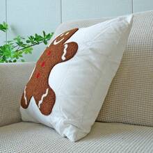 1pc Christmas Gingerbread Man Embroidered Towel Pillowcase, Christmas Embroidery Cushion Cover Holiday Decoration Throw Pillow Case, Without Pillow Insert - White - View 5