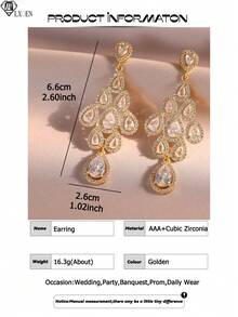 1pair Luxury Classic Water Drop Long Gold Earrings Exquisite Full Cubic Zirconia Dangle Earrings Suitable For Women Wedding Festival Banquet Jewelry - Water Droplets - View 4