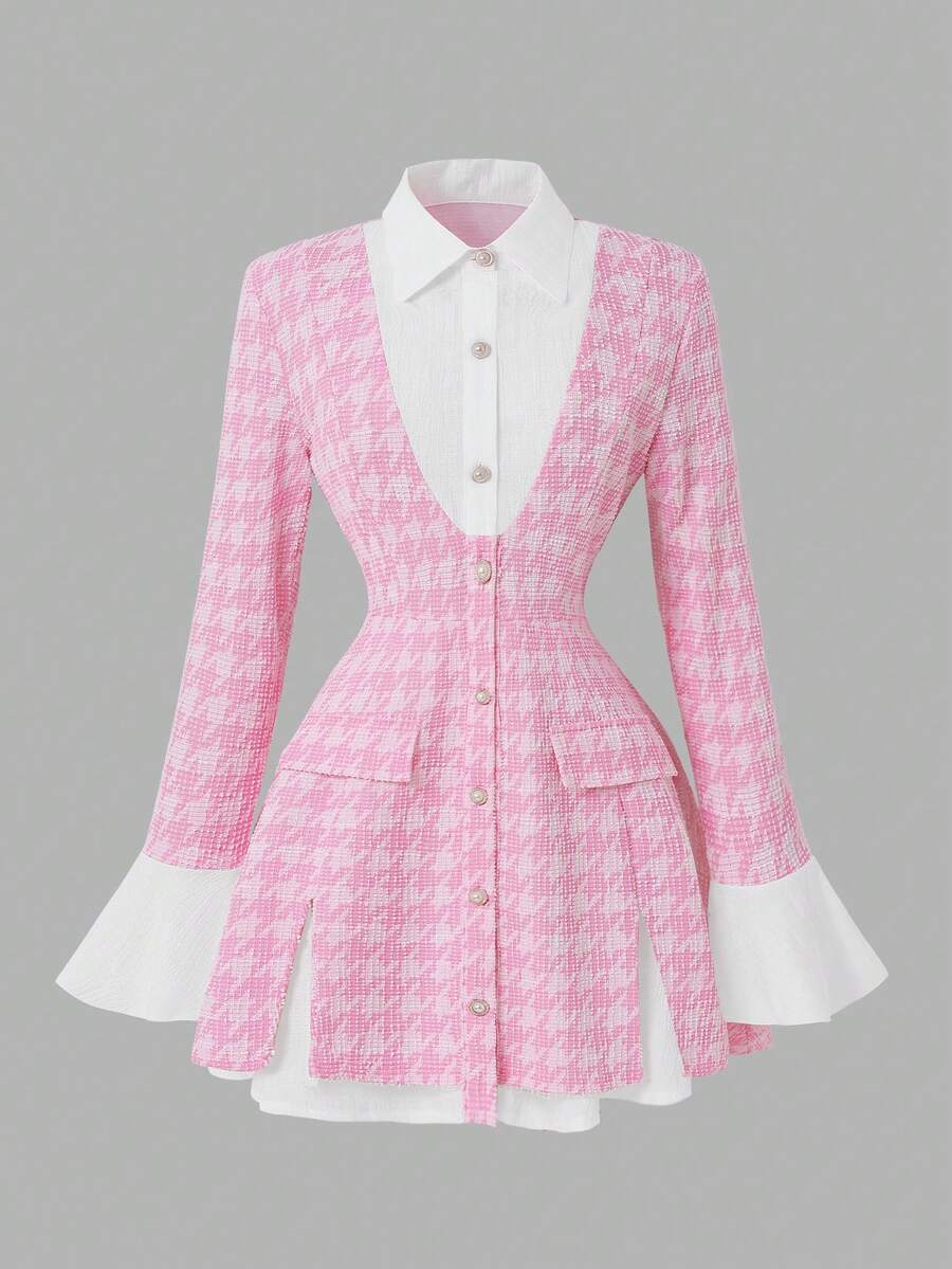 Teen Girls Fashion Elegant Colorblock Plaid Cinched Waist Long Sleeve Ruffle 2-In-1 Dress, Elegant Style, Suitable For Autumn/Winter Student Wear - Pink - View 1