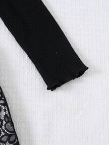 Autumn/Winter Girls' Fashion Elegant Round Neck Beaded Contrast Lace Long Sleeve Dress, Suitable For Parties - Black - View 5