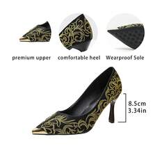 European And American Style Gold Embroidered Floral Pattern Pointed Toe Stiletto High Heel Pumps For Women, Elegant Versatile Low Vamp Evening Shoes - Gold - View 10