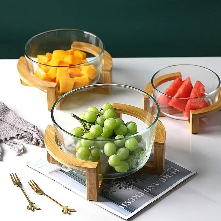1pc Glass Salad Bowl, Vegetable Salad Cold Dish Storage Plate With Rack, Minimalist Snack Candy Dried Fruit Tray, Suitable For Home, Restaurant, Kitchen Use, Kitchen Utensils - Multicolor - View 1