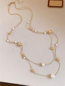 Kalung Geometris Berlapis-lapis Manik-Manik Mutiara Imitasi yang Modis, Rantai Sweater Kelas Atas, Aksesori Wanita Minimalis yang Elegan - kalung - View 4