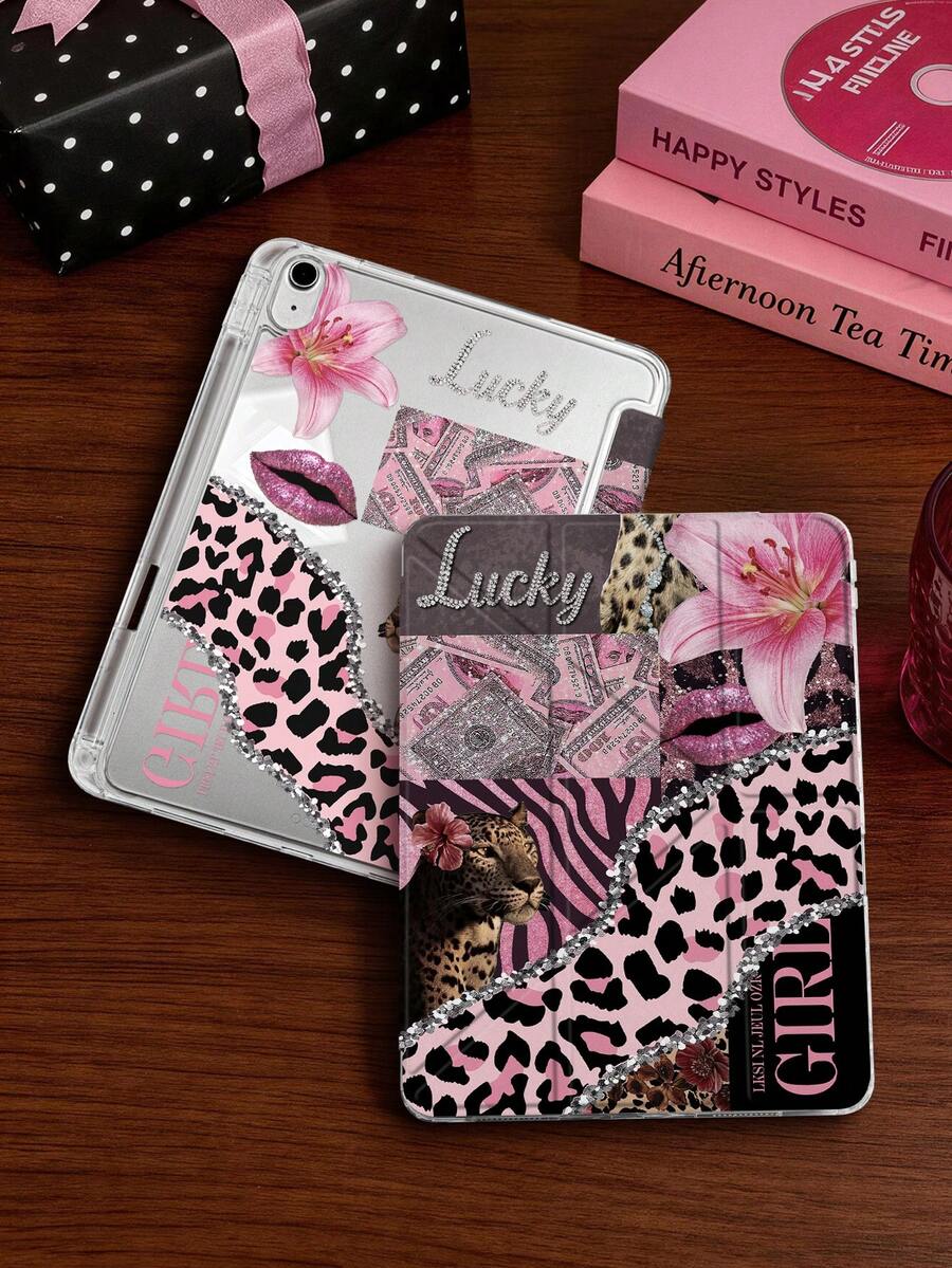 1pc Leopard Print Lily Flower Tablet Case, Compatible With IPad Mini6/7/Air/Air2/9.7/10.2/10.5/10.9 (Air4-Air8)/Pro 11/10th Gen/A16/Pro 11 2024, Double-Sided Painted Pattern, Transparent Acrylic Back Shell, Silk Texture 8-Fold Stand, Auto Sleep/Wake, Built-In Pencil Slot, Pencil Not Included, Some Models With Camera Frame - Multicolor - View 1